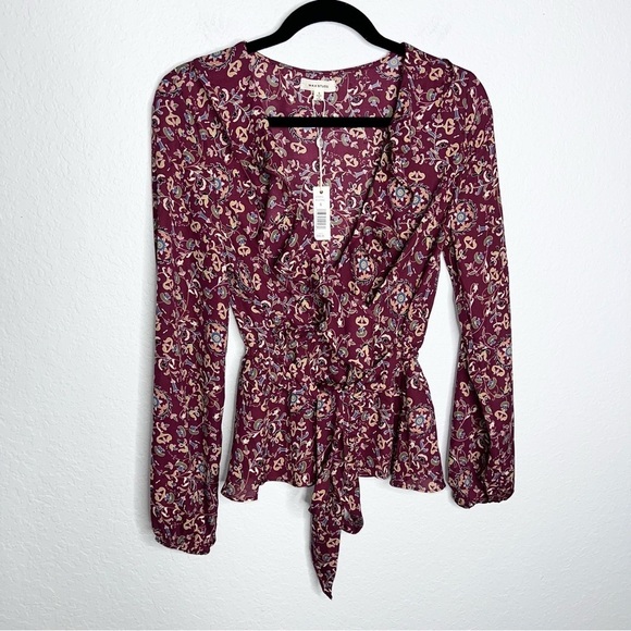 Max Studio Top Women Small Ruffled Floral Blouse Long Balloon Sleeve Burgundy - Picture 1 of 9